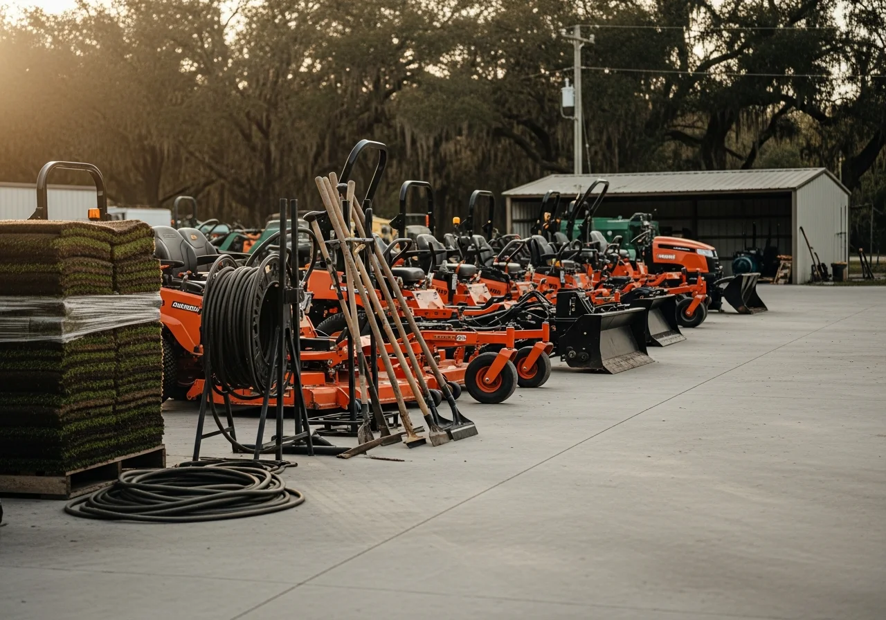 Landscaping crew with equipment and tools ready for outdoor service work. Professional outdoor services team on site.
