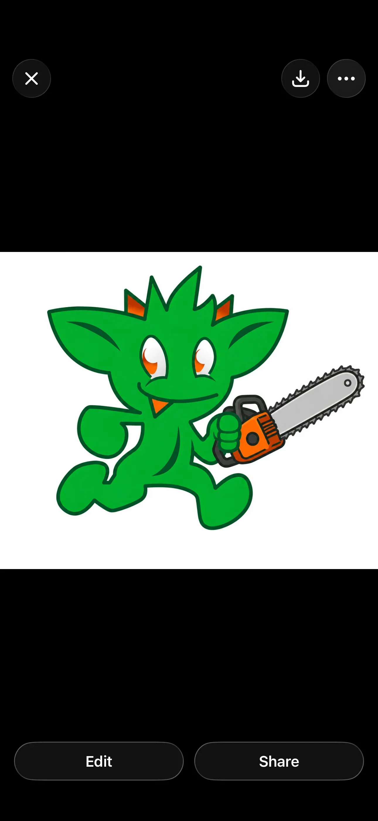 Green cartoon character holding orange and black chainsaw illustration