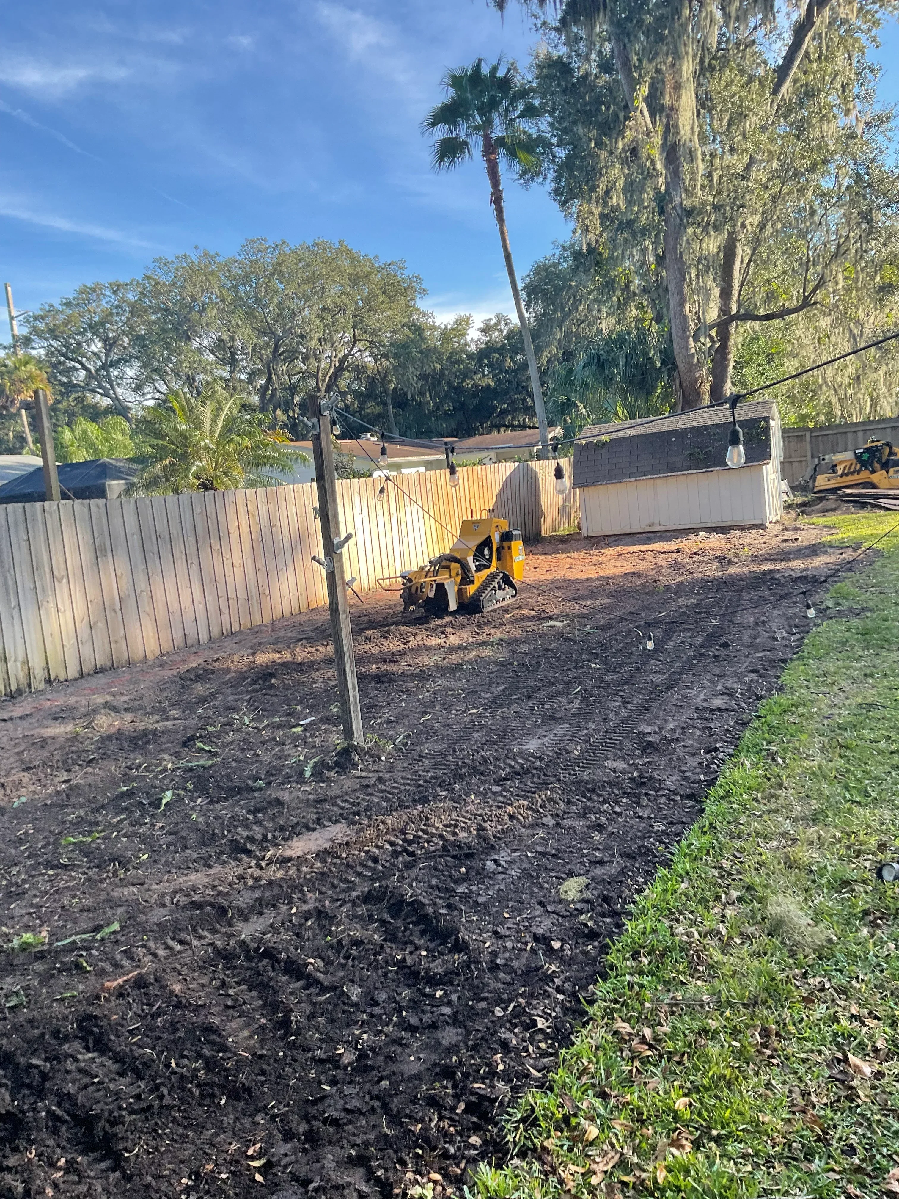 Composite deck installation with cleared landscape and managed vegetation along residential driveway