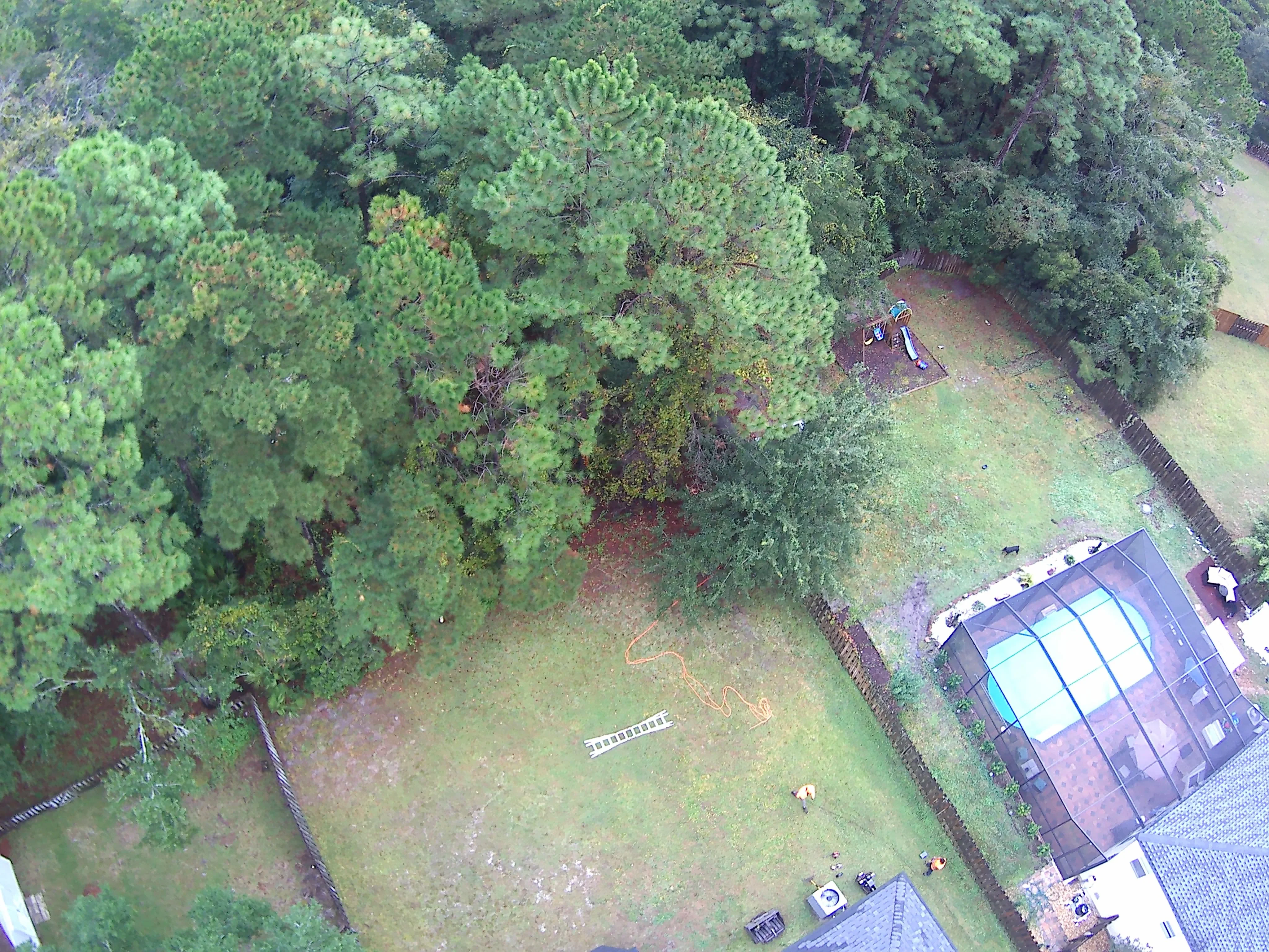 Aerial view of cleared residential lawn with mature trees, pool enclosure, and maintained yard space