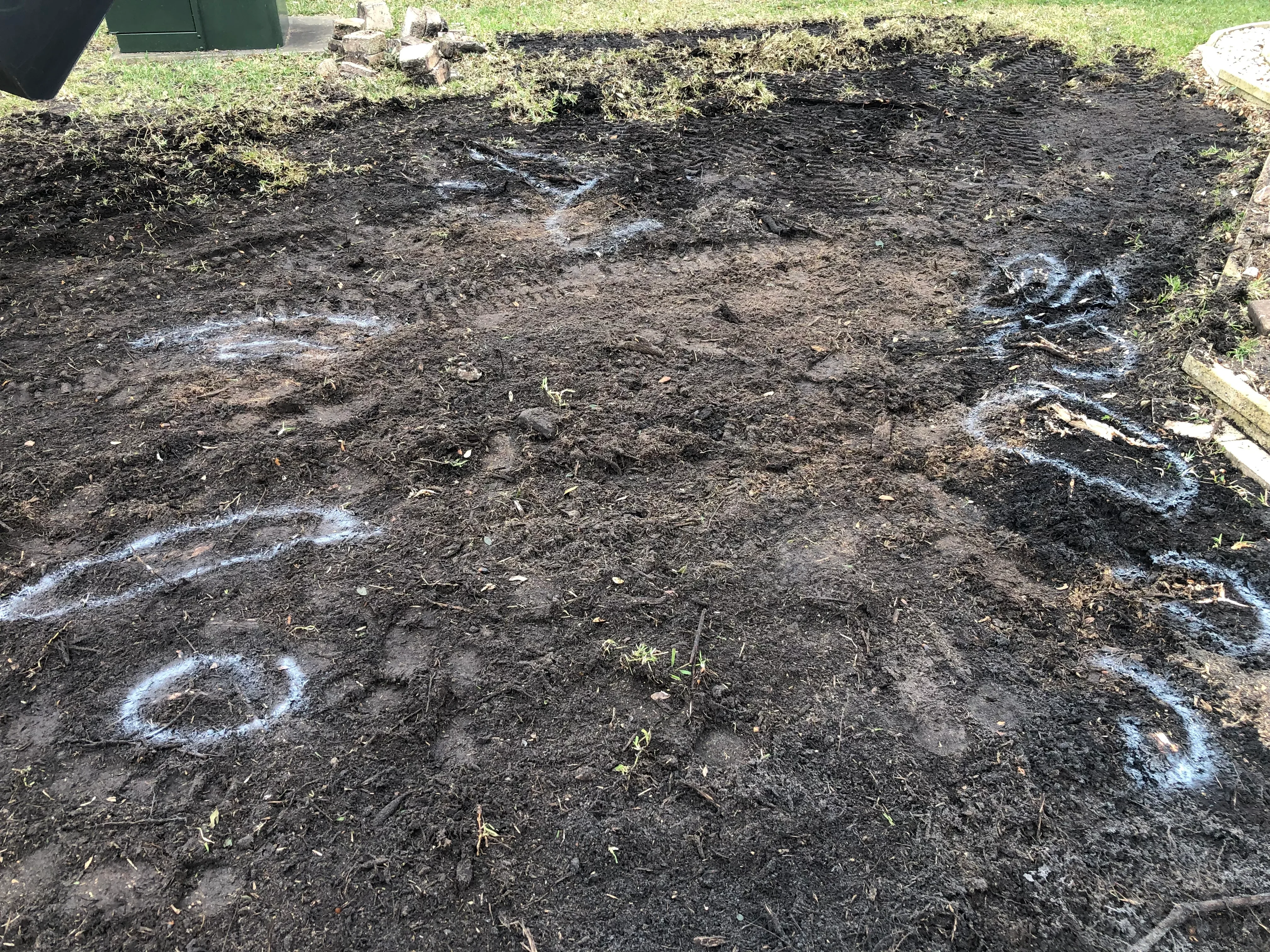 Dark mulch and compost garden bed with blue planting marks and level grading