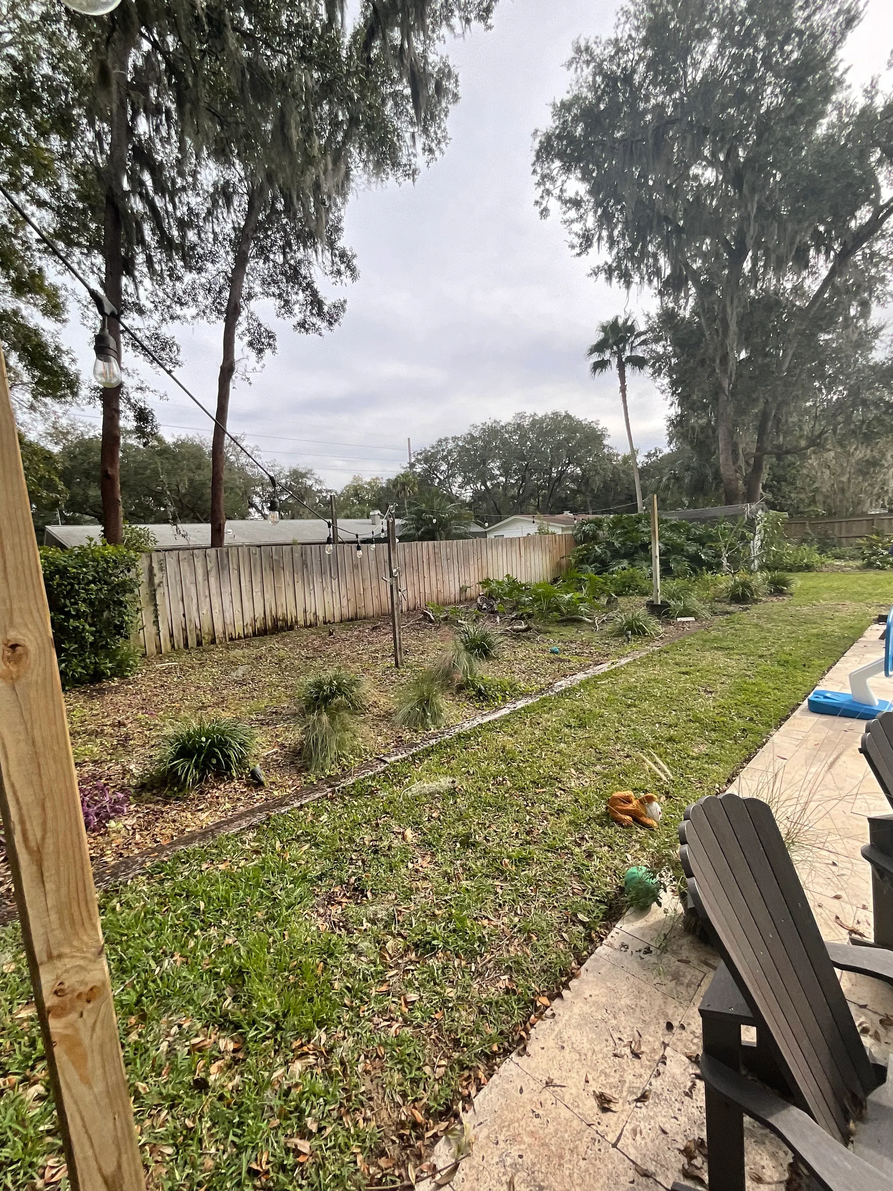 New sod lawn with mature trees, composite deck, and metal railing installation