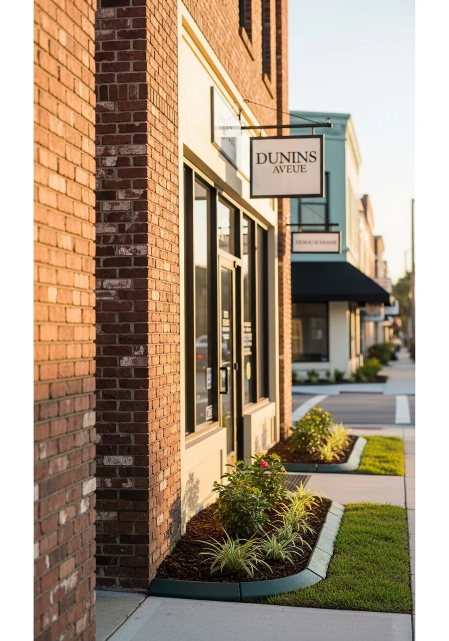 Portrait-style image of a Dunns Avenue commercial property entrance with professional signage and clear visibility.