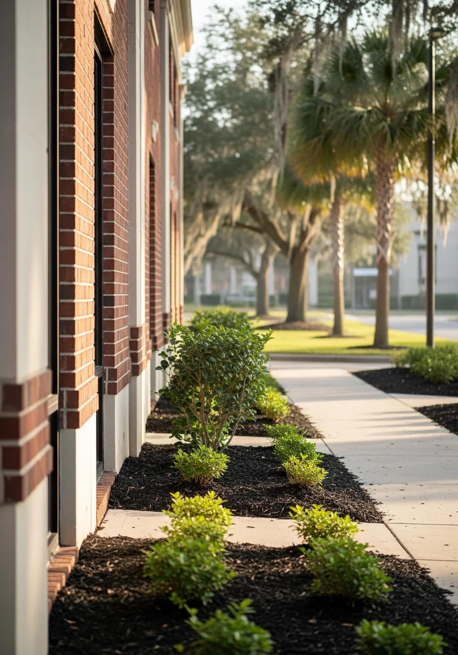 Portrait-style image of a commercial property in a Duval County business district with professional landscaping and clear visibility.