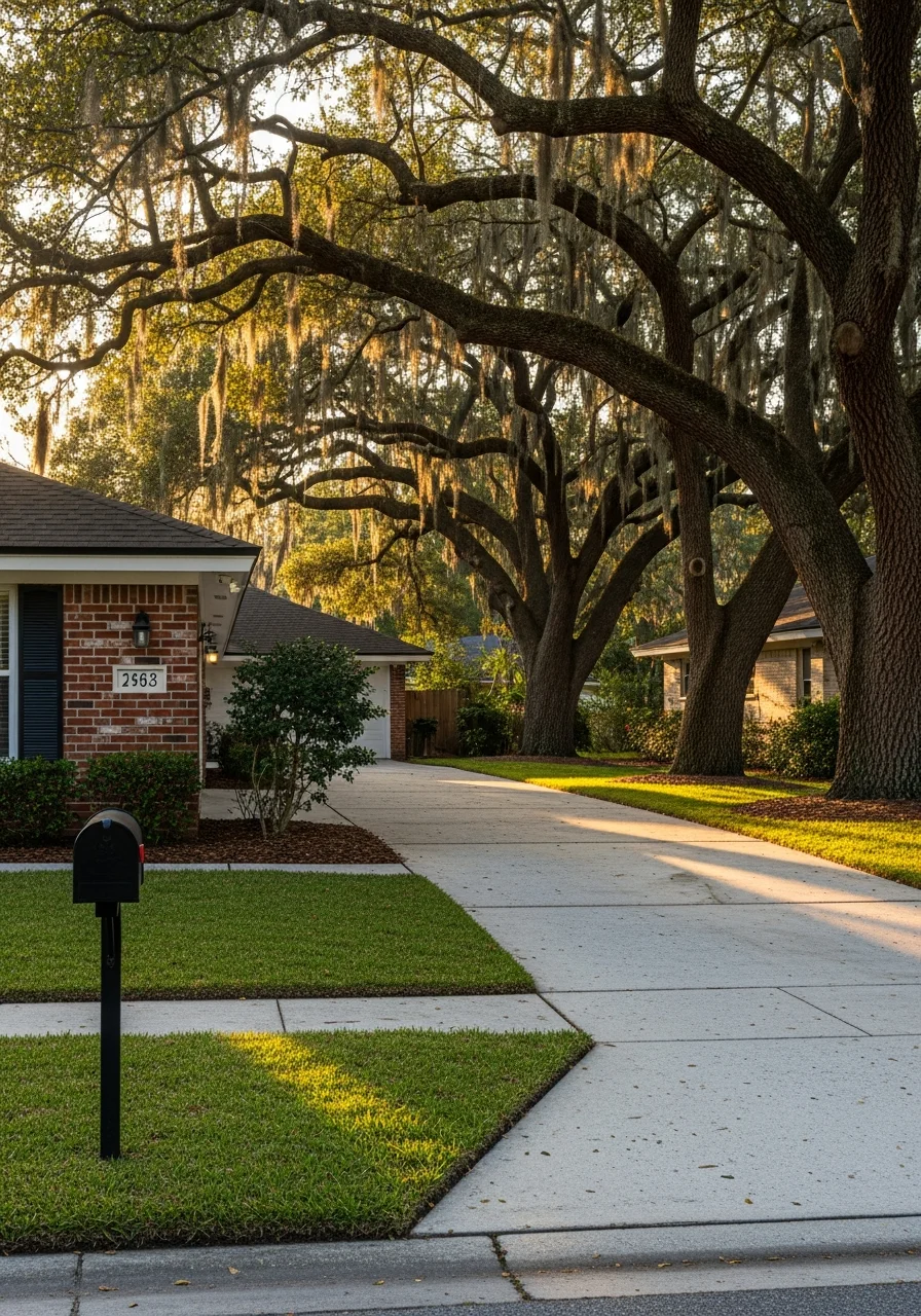 Close-up of a well-maintained residential property in a Jacksonville neighborhood with mature trees and clear signage.