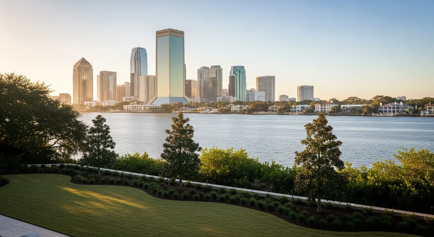 Wide view of Jacksonville skyline with St. Johns River in foreground, showing downtown towers and residential areas along the waterfront.