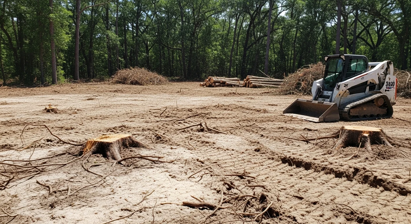 A large cleared acreage lot in Jacksonville, Florida, with stumps and brush removed and flat open ground visible across the property. Heavy equipment tracks are visible in the sandy soil, showing recent land clearing work completed by Grass Gremlins LLC.