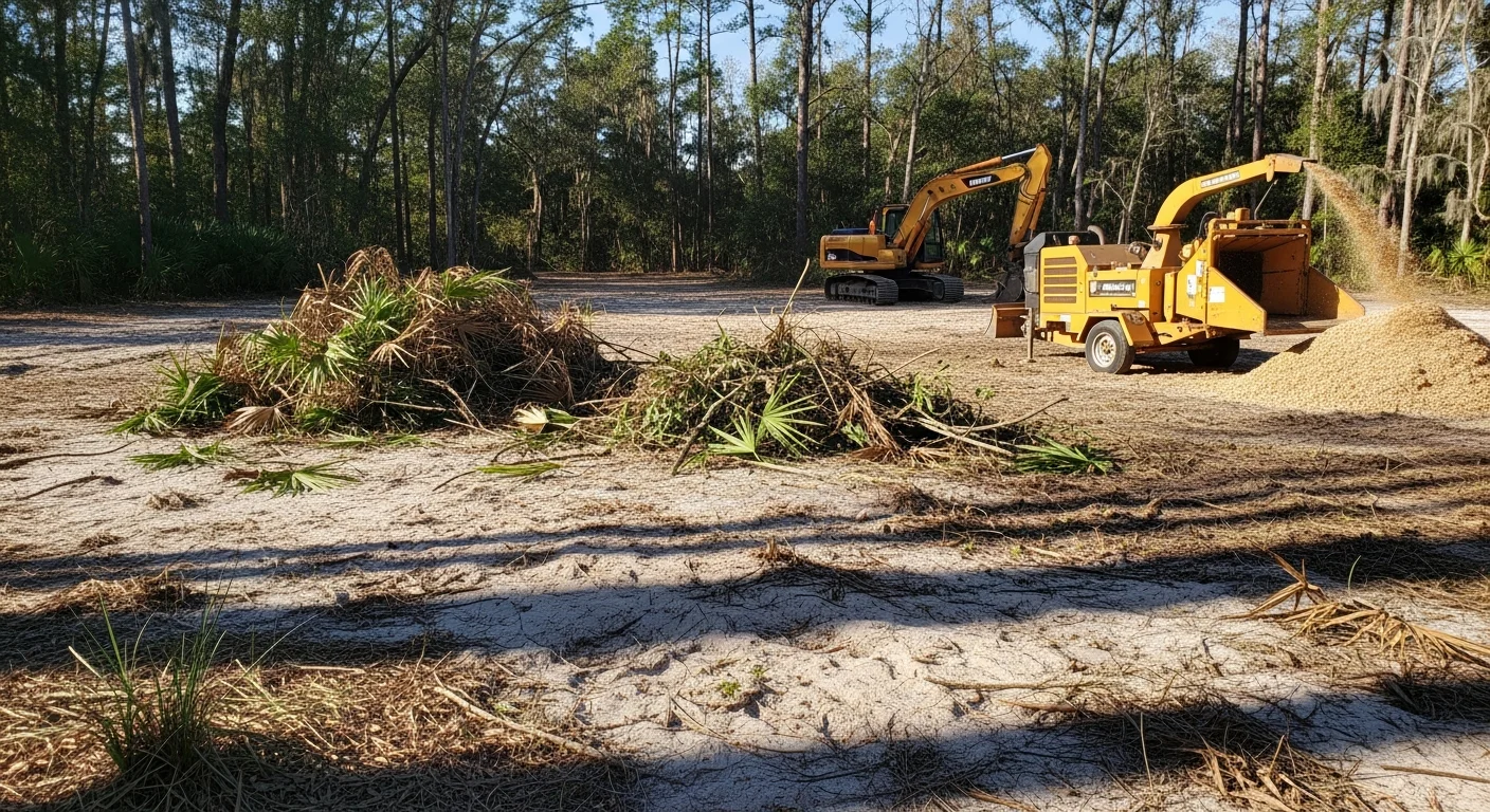 A cleared residential lot in Jacksonville, Florida showing bare ground and open space after brush removal by Grass Gremlins LLC. Dense palmettos and overgrown shrubs have been cut and removed, leaving the property boundary and fence line fully visible.