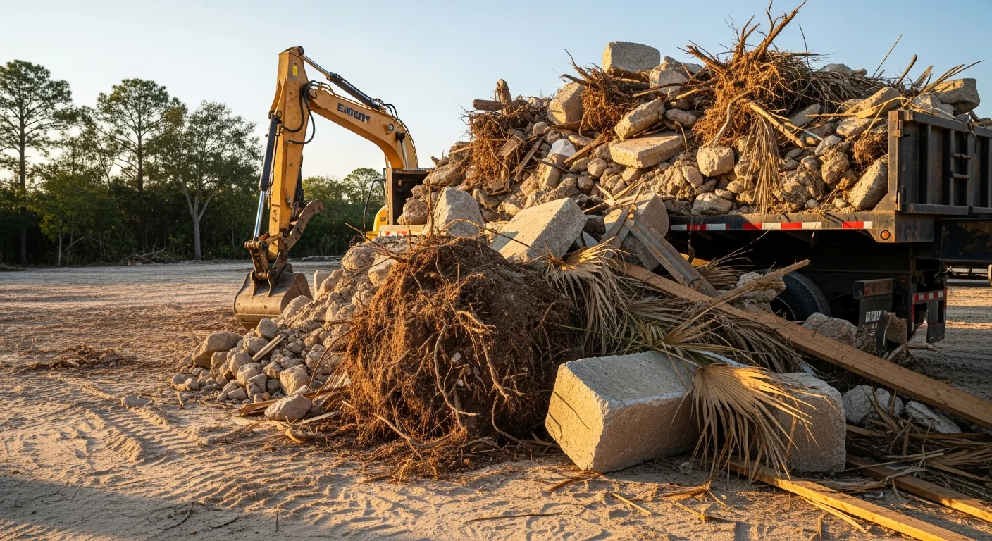 A cleared Jacksonville, Florida excavation site with piles of soil, root masses, and construction debris loaded into a haul truck by a debris removal crew. The surrounding ground shows exposed sandy and clay-mixed soil typical of Northeast Florida job sites.