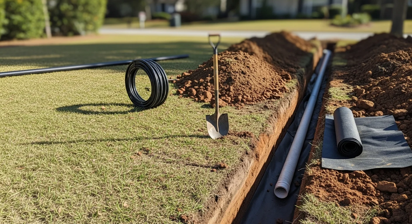 Excavated drainage trench with sloped pipe installation in a residential Jacksonville Florida backyard. Crew from Grass Gremlins LLC grading the trench bed before pipe placement on a flat Duval County lot.