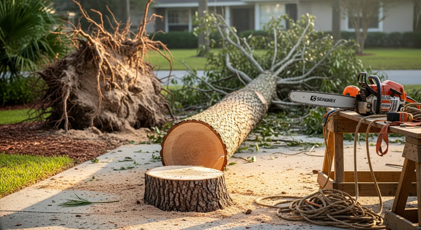A large storm-damaged oak tree lying across a residential driveway in Jacksonville, Florida, with a professional tree removal crew using a chainsaw and rigging equipment to section and clear the trunk. The home's exterior and surrounding yard are visible in the background.