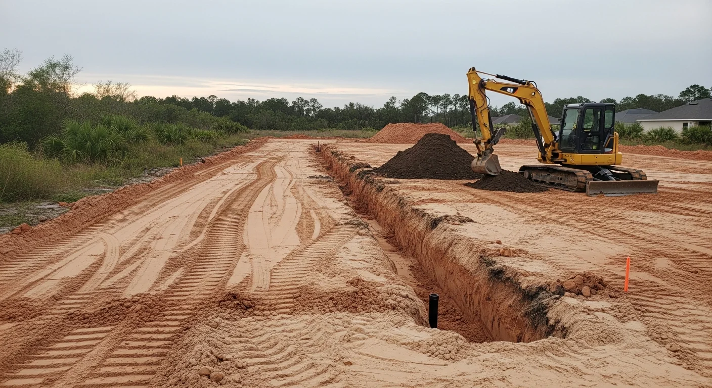A tracked excavator digging a drainage trench on a residential lot in Jacksonville, Florida, with sandy soil and cleared vegetation visible around the work area. The site is graded and prepared for the next phase of construction.