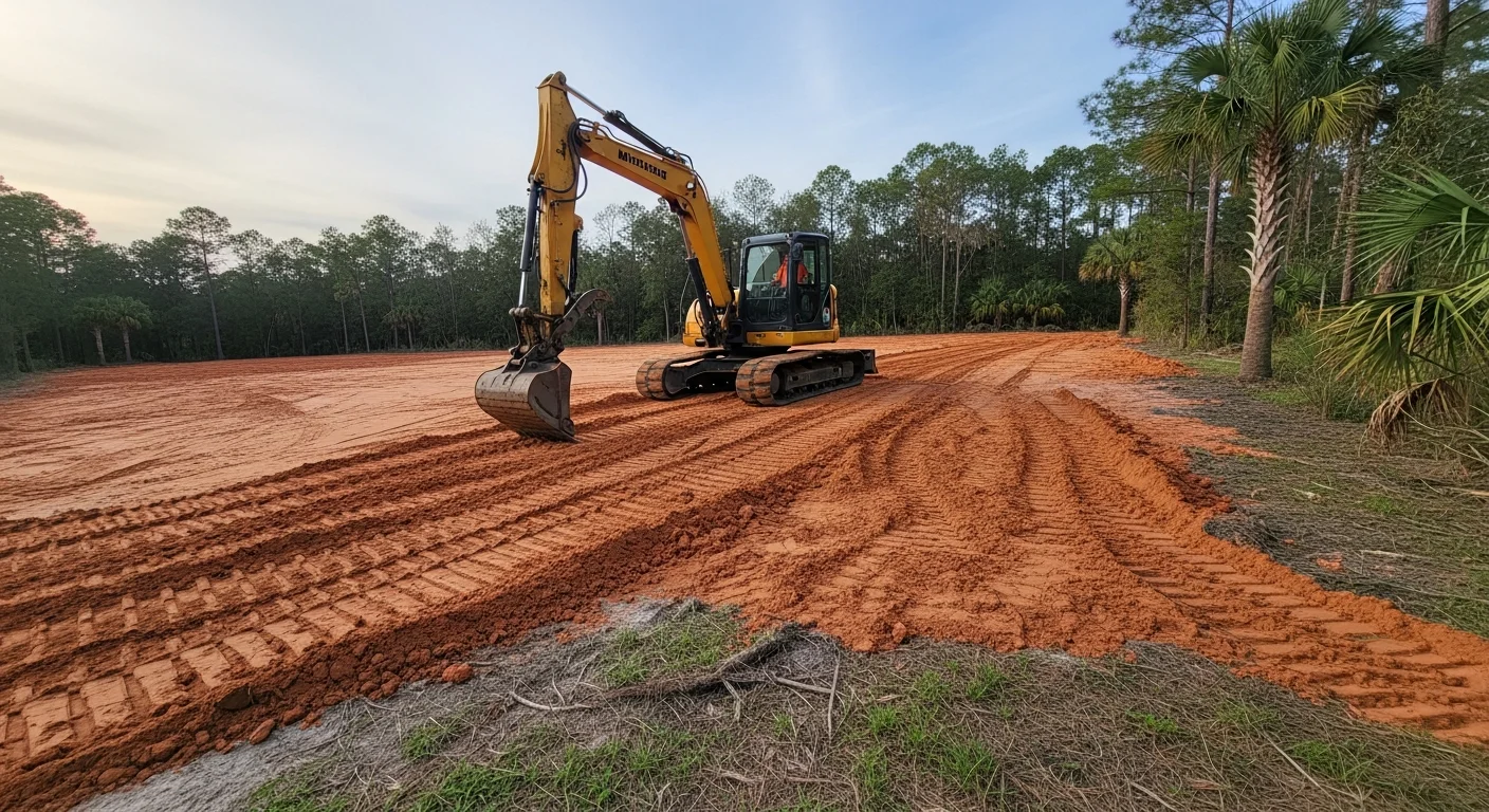 A graded residential lot in Jacksonville, Florida with smooth, sloped earth shaped away from the home's foundation. Heavy equipment tracks are visible across compacted soil prepared for sod installation.