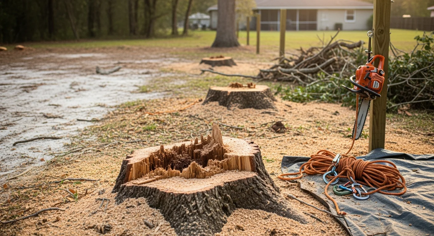 A Grass Gremlins LLC crew member in safety gear removes a large storm-damaged tree in sections near a residential home in Jacksonville, Florida. Cut limbs are rigged and lowered away from the roofline with the yard visible in the background.