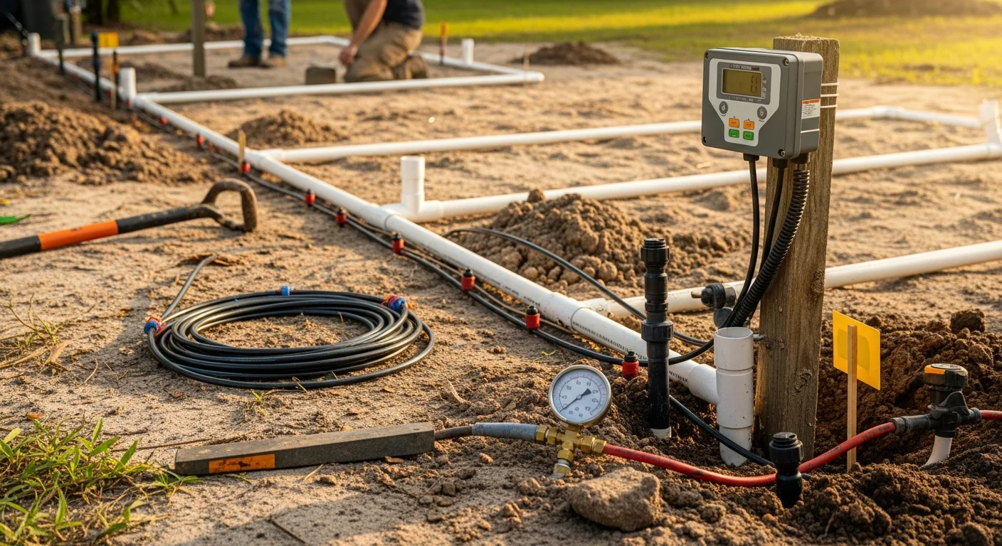A freshly installed lawn irrigation system with sprinkler heads running across a green residential yard in Jacksonville, Florida. Sandy soil is visible along the edges of the turf where pipe trenching was completed during the installation.
