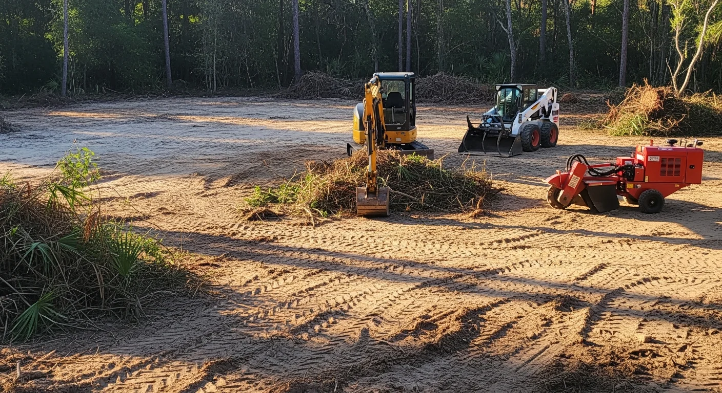 A freshly cleared residential lot in Jacksonville, Florida, with trees, brush, and stumps removed down to bare ground. Heavy excavation equipment is visible on the sandy Duval County soil in the background.