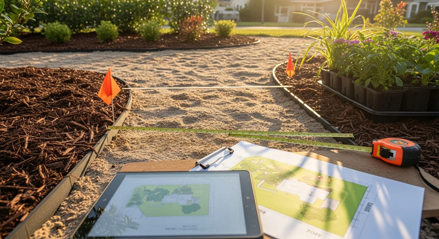 A freshly designed residential front yard in Jacksonville, Florida, featuring defined planting beds, clean mulch lines, and Florida-adapted shrubs and groundcover. The landscape shows a structured layout suited to the local climate with clear curb appeal.