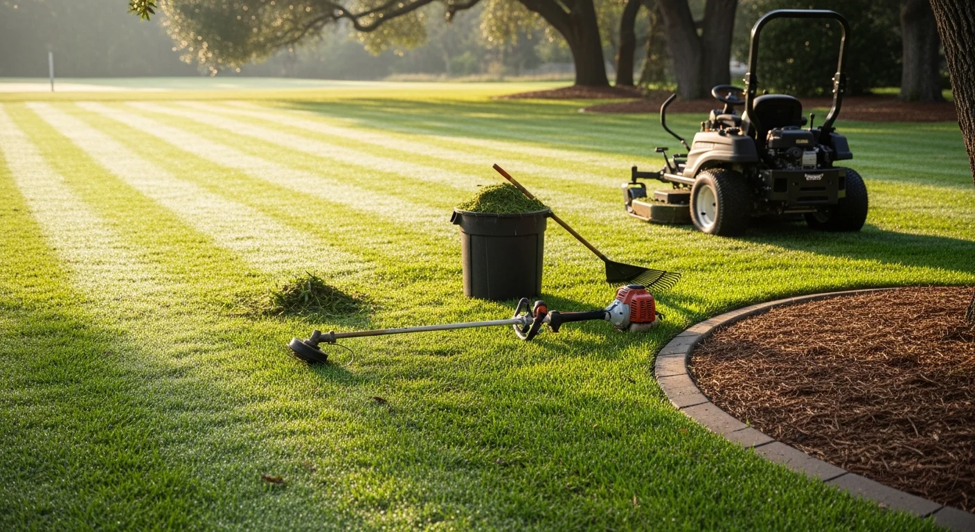 A Jacksonville, Florida residential lawn freshly mowed and edged by Grass Gremlins LLC, showing clean turf lines, trimmed shrubs, and cleared landscape beds. Warm-season grass stretches across the front yard under bright Florida sunlight.