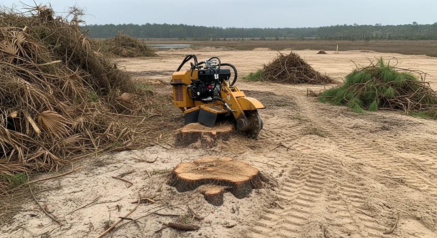 A freshly cleared residential lot in Jacksonville, Florida, with all trees, brush, and palmetto scrub removed, showing open sandy ground ready for construction. A Grass Gremlins LLC crew and equipment are visible at the edge of the cleared property in a Duval County neighborhood.