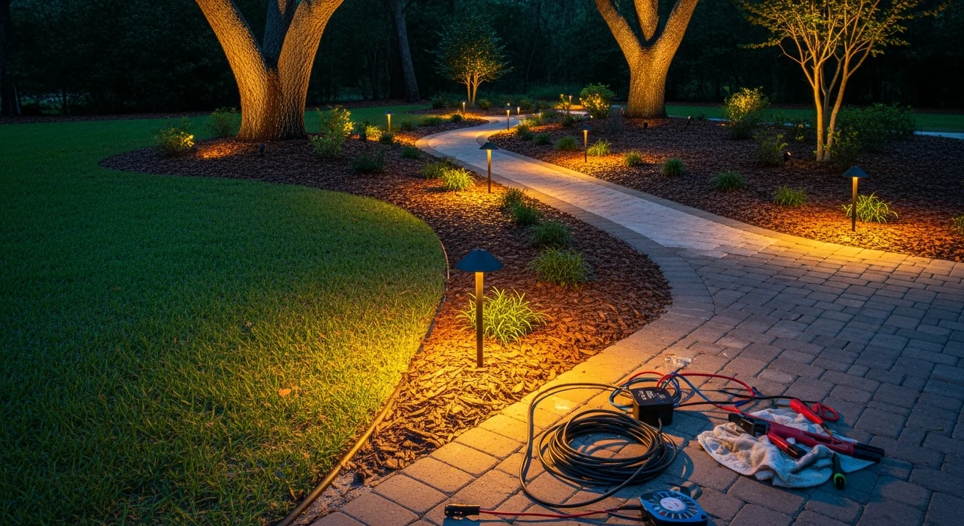 A Jacksonville Florida home at night with low-voltage pathway lights lining a curved front walkway and uplights illuminating a live oak tree and garden beds. The warm light highlights the home's exterior and landscaping installed by Grass Gremlins LLC.