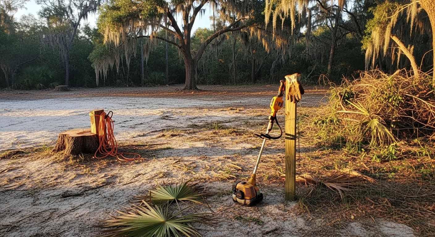 A Jacksonville, Florida residential lot after overgrown property cleanup, showing cleared ground, removed brush and palmetto scrub, and a clean fence line. Grass Gremlins LLC land clearing crew equipment visible at the edge of the cleared parcel.