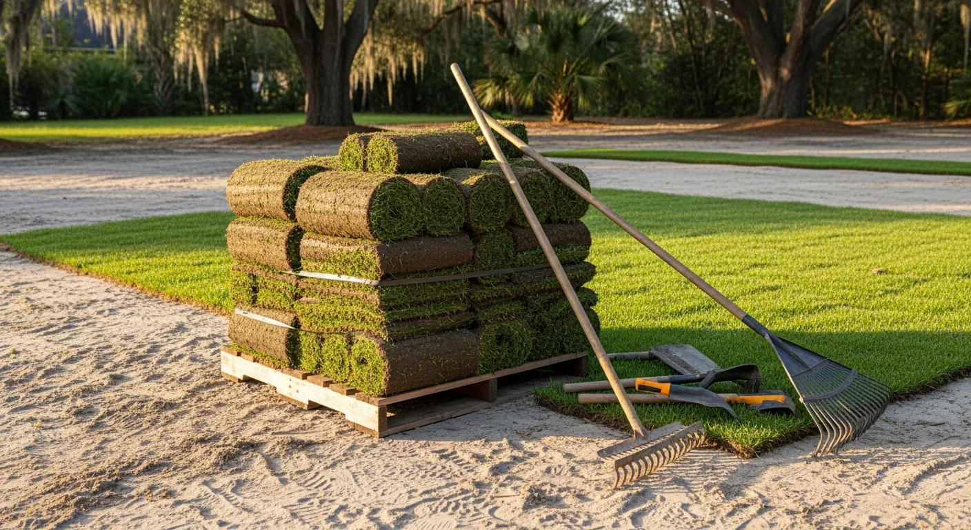 A freshly installed sod lawn at a Jacksonville, Florida residential property, showing uniform green turf with clean edges along a concrete driveway. A landscaping crew member from Grass Gremlins LLC is pressing sod pieces into prepared sandy soil in the foreground.