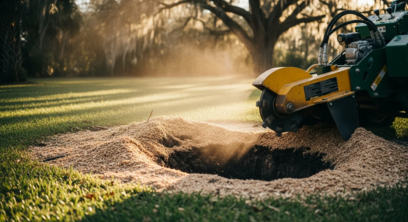 A freshly ground tree stump in a Jacksonville, Florida residential backyard, with wood chip mulch spread across the cleared soil surface. The surrounding lawn is intact and the stump has been reduced below ground level.