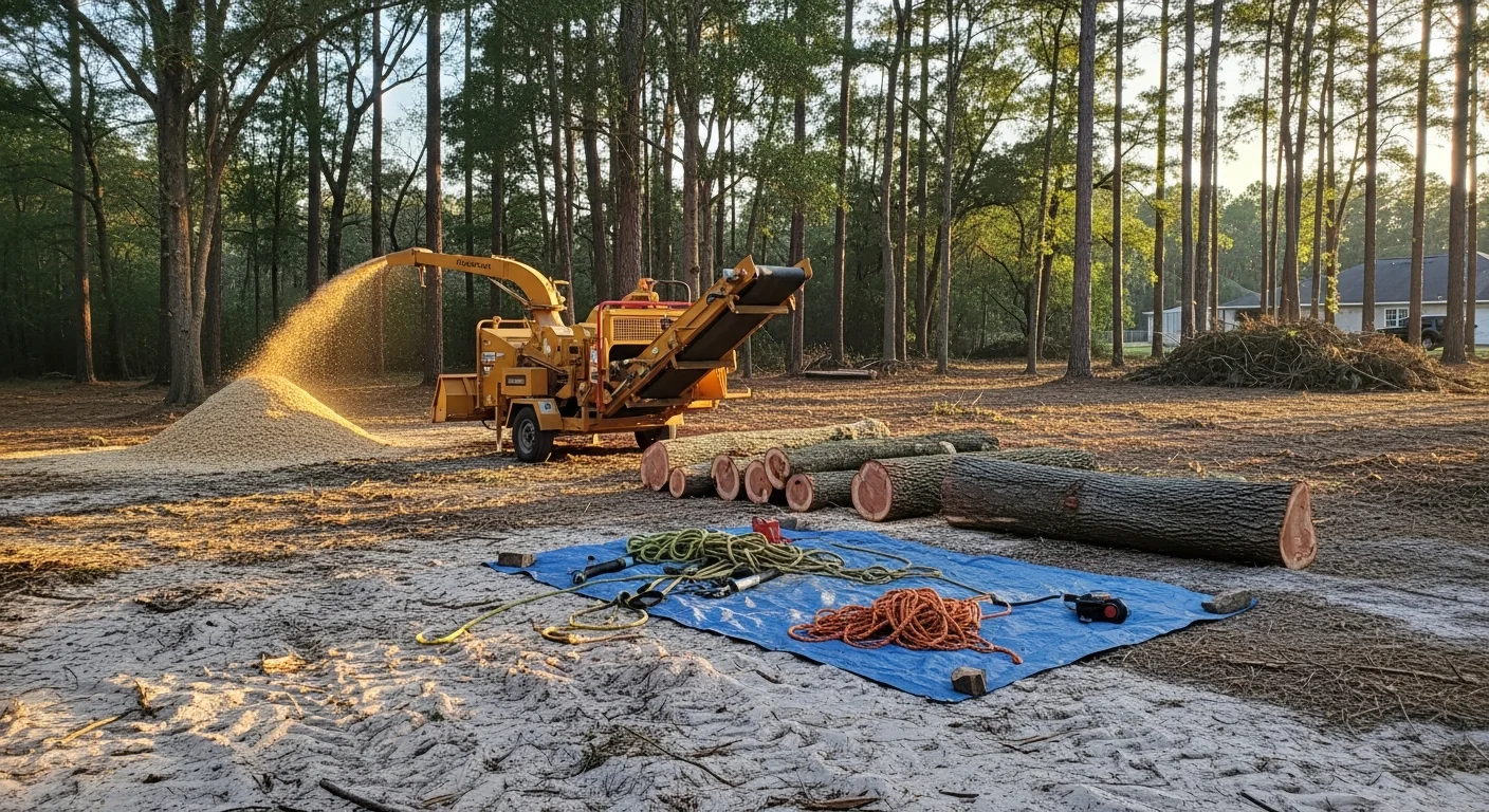 A cleared Jacksonville Florida residential yard after tree removal, showing bare ground where a large tree once stood, with no remaining debris or stumps. A Grass Gremlins LLC crew member stands near stacked cut wood sections ready for hauling.