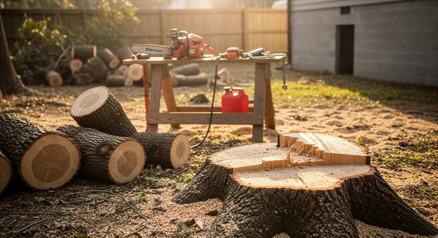 A Grass Gremlins LLC crew removing a large storm-damaged oak tree in a Jacksonville, Florida residential backyard. The tree has been sectioned and lowered away from the home's roofline, with debris staged on the lawn for cleanup.
