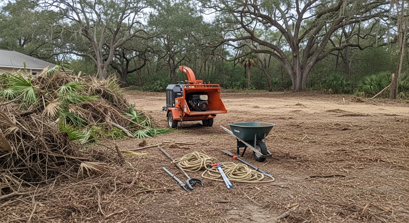 A cleared residential lot in Jacksonville, Florida after professional vegetation removal, showing bare ground with no remaining brush, shrubs, or invasive plant growth. Heavy overgrowth has been fully cut back and removed, leaving the property boundary visible and the land ready for use.
